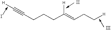 <strong>Rank absorption of the indicated bonds in decreasing (highest to lowest) order of wavenumber. </strong> A) III>II>I B) I>II>III C) II>I>III D) III>I>II E) none of these