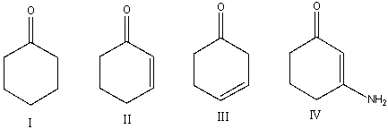 <strong>Which one of the following compounds will have the lowest wavenumber for carbonyl absorption? </strong> A) I B) II C) III D) IV E) none of these