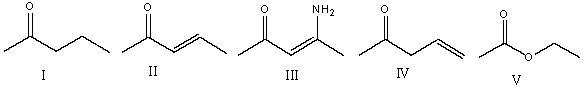 <strong>Which one of the following compounds will have the lowest wavenumber for carbonyl absorption? </strong> A) I B) II C) III D) IV E) V