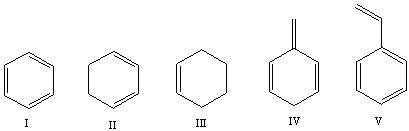 <strong>Which one of the following compounds will have the highest wavenumber for C=C absorption? </strong> A) I B) II C) III D) IV E) V