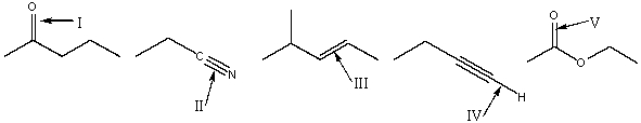 <strong>Rank absorption of the indicated bonds in decreasing (highest to lowest) order of wavenumber. </strong> A) I>V>II>IV>III B) IV>II>I>V>III C) II>I>V>III>IV D) IV>I>V>II>III E) IV>II>V>I>III