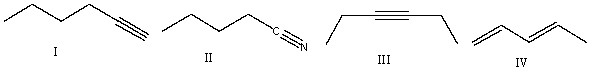 <strong>Which of the following compounds will show two sharp absorption at 3300 cm<sup>-1</sup> and at 2150 cm<sup>-1</sup>? </strong> A) I B) II C) III D) IV E) none of these