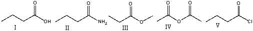 <strong>Which of the following compounds will have two absorptions at 1820 cm<sup>-1</sup> and 1740cm<sup>-1</sup>? </strong> A) I B) II C) III D) IV E) V