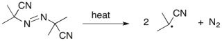 Azobisisobutyronitrile (AIBN) is commonly used as a radical initiator. Use correct arrow formalism to show this process.