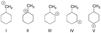<strong>Which of the structures shown depicts the most stable carbocation intermediate formed in the hydrohalogenation reaction shown? </strong> A) I B) II C) III D) IV E) V