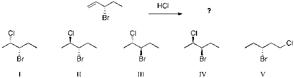<strong>The expected major product(s) of HCl addition to the alkene shown would be: </strong> A) II B) II and III C) I and IV D) V E) All of the above are equally likely to form