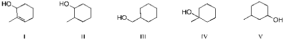 <strong>Treatment of 1-methylcyclohexene with H<sub>3</sub>O<sup>+</sup> would be expected to yield as the major product which of the molecules below? </strong> A) I and III B) II C) III and V D) IV E) I, III and V