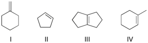 <strong>Which of the following compounds would react most rapidly with a dilute aqueous solution of H<sub>2</sub>SO<sub>4</sub>? </strong> A) I B) II C) III D) IV