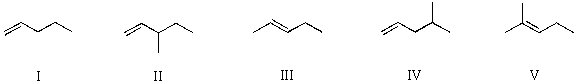 <strong>Which alkene would yield 3-methylpentane upon subjection to catalytic hydrogenation? </strong> A) I B) II C) III D) IV E) V