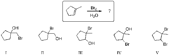 <strong>What major product is expected from the following reaction? </strong> A) I B) II C) III D) IV E) V