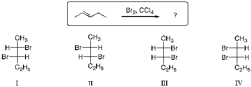 <strong>Which of the statements is most correct regarding the products expected from the halogenation reaction shown below? </strong> A) Equal amounts of I and II are produced. B) Equal amounts of III and IV are produced. C) Equal amounts of I and IV are produced. D) Equal amounts of II and III are produced. E) Equal amounts of I and III are produced.