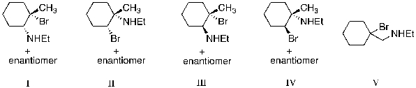 <strong>The reaction of Br<sub>2</sub> with 1-methylcyclohexene, in the presence of ethylamine (EtNH<sub>2</sub>), is expected to produce which of the following as the major product? </strong> A) I B) II C) III D) IV E) V
