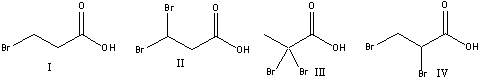 <strong>Rank the following compounds in decreasing order (most to least) of acidity. </strong> A) III>II>IV>I B) II>IV>III>II C) IV>III>II>I D) IV>II>III>I E) III>IV>II>I