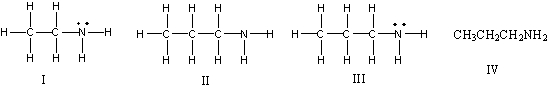 <strong>Which of the following is the correct Lewis structure for CH<sub>3</sub>(CH<sub>2</sub>)<sub>2</sub>NH<sub>2</sub>? </strong> A) I B) II C) III D) IV E) Both II & III