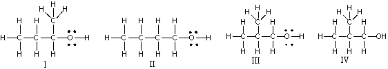<strong>Which of the following is the correct Lewis structure for (CH<sub>3</sub>)<sub>2</sub>CHCH<sub>2</sub>OH? </strong> A) I B) II C) III D) IV E) Both III & IV