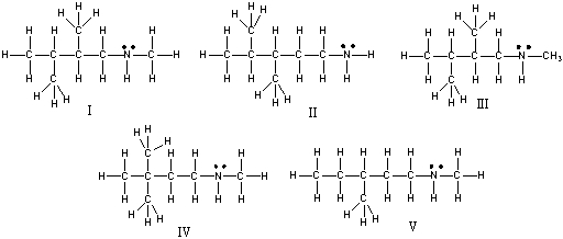 <strong>Which of the following is the correct Lewis structure for (CH<sub>3</sub>)<sub>3</sub>C(CH<sub>2</sub>)<sub>2</sub>NHCH<sub>3</sub>? </strong> A) I B) II C) III D) IV E) V