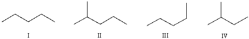 <strong>Which of the following bond-line structures are of the same compound? </strong> A) I & III B) II & III C) III & IV D) II & IV E) None of these