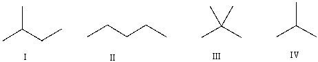 <strong>Which of the following is the correct bond-line structure for (CH<sub>3</sub>)<sub>4</sub>C? </strong> A) I B) II C) III D) IV E) None of these
