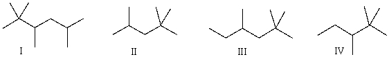 <strong>Which of the following is the correct bond-line structure for (CH<sub>3</sub>)<sub>2</sub>CHCH<sub>2</sub>C(CH<sub>3</sub>)<sub>3</sub>? </strong> A) I B) II C) III D) IV E) None of these