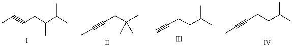 <strong>Which of the following is the correct bond-line structure for CH<sub>3</sub>C \equiv C(CH<sub>2</sub>)<sub>2</sub>CH(CH<sub>3</sub>)<sub>2</sub>? </strong> A) I B) II C) III D) IV E) None of these