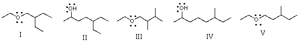 <strong>Which of the following is the correct bond-line structure for CH<sub>3</sub>CHOH(CH<sub>2</sub>)<sub>2</sub>CH(CH<sub>2</sub>CH<sub>3</sub>)<sub>2</sub>? </strong> A) I B) II C) III D) IV E) V