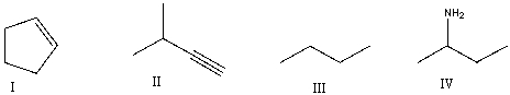 <strong>Which of the following compounds contain an alkene functional group? </strong> A) I B) II C) III D) IV E) None of these