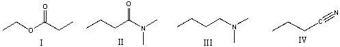 <strong>Which of the following compounds contain an amide functional group? </strong> A) I B) II C) III D) IV E) Both II & III