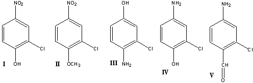 <strong>What is the correct structure for 4-amino-2-chlorophenol? </strong> A)I B)II C)III D)IV E)V