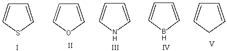 <strong>Which one of the following compounds is antiaromatic? </strong> A)I B)II C)III D)IV E)V