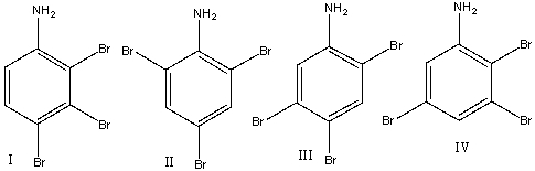 <strong>Which of the following isomer(s)of tribromoaniline will show two doublets with 7.5 Hz coupling in <sup>1</sup>HNMR spectrum? </strong> A)I B)II C)III D)IV E)II & IV