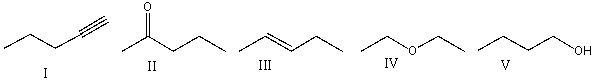 <strong>Which of the following compounds will show absorptions at 1640 cm<sup>-</sup><sup>1</sup>,2950 cm<sup>-</sup><sup>1</sup><sup> </sup>and 3050 cm<sup>-</sup><sup>1</sup> on the IR spectrum? </strong> A)I B)II C)III D)IV E)V