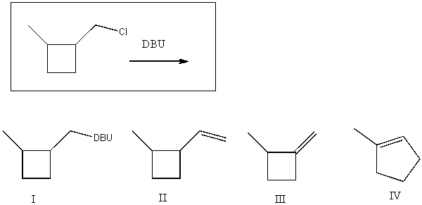 <strong>Predict the major product(s)obtained from the following reaction: </strong> A)I B)II C)III D)IV E)II and IV