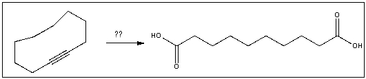 <strong>Predict the reagent(s)required to complete the following reaction: </strong> A)NaNH<sub>2</sub> B)1)O<sub>3</sub>;2)H<sub>2</sub>O C)KMnO<sub>4</sub> D)1)BH<sub>3</sub>-THF;2)H<sub>2</sub>O<sub>2</sub>,NaOH E)H<sub>2</sub>SO<sub>4</sub>,H<sub>2</sub>O