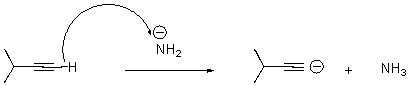<strong>What is wrong with the following arrow? </strong> A)It should start on the alkyne carbon. B)It should start on a hydrogen attached to the nitrogen. C)It should start on the anion on nitrogen,end at the H on the alkyne,and a second arrow should start at the bond between the C and H on the alkyne and end on the terminal carbon of the alkyne. D)There should be two arrows - one from nitrogen and one from the alkyne carbon.