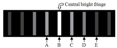 The figure shows the interference pattern obtained in a double-slit experiment using light of wavelength 600 nm. -Which fringe is 300 nm closer to one slit than to the other?