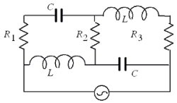 <strong>In the circuit shown in the drawing, the generator supplies the same amount of rms current at either very small or very large frequencies.What can be deduced about the resistances R<sub>1</sub>, R<sub>2</sub>, and R<sub>3</sub> from this information? </strong> A)R<sub>1</sub> = R<sub>2</sub> = R<sub>3</sub> B)R<sub>1</sub> = 2R<sub>2</sub> C)R<sub>1</sub> = R<sub>2</sub> D)R<sub>1</sub> = R<sub>3</sub> E)R<sub>2</sub> = R<sub>3</sub>