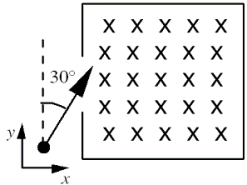 <strong>An electron enters a region that contains a magnetic field directed into the page as shown.The velocity vector of the electron makes an angle of 30° with the +y axis.What is the direction of the magnetic force on the electron when it enters the field? </strong> A)up, out of the page B)at an angle of 30° below the positive x axis C)at an angle of 30° above the positive x axis D)at an angle of 60° below the positive x axis E)at an angle of 60° above the positive x axis