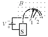 <strong>A mass spectrometer is used to separate two isotopes of uranium with masses m<sub>1</sub> and m<sub>2</sub> where m<sub>2</sub> > m<sub>1</sub>.The two types of uranium atom exit an ion source S with the same charge of +e and are accelerated through a potential difference V.The charged atoms then enter a constant, uniform magnetic field B as shown.If r<sub>1</sub> = 0.5049 m and r<sub>2 </sub>= 0.5081 m, what is the value of the ratio m<sub>1</sub>/m<sub>2</sub>? </strong> A)0.9984 B)0.9937 C)0.9874 D)0.9812 E)0.9749