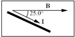 <strong>A 0.0150-m wire oriented horizontally between the poles of an electromagnet carries a direct current of 9.5 A.The angle between the direction of the current and that of the magnetic field is 25.0° as shown.If the magnetic field strength is 0.845 T, what is the magnitude and direction of the magnetic force on the wire between the poles? </strong> A)1.17 N, upward B)0.330 N, downward C)0.0509 N, upward D)0.120 N, downward E)0.495 N, upward
