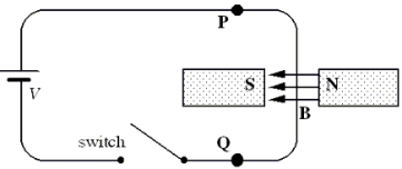 <strong>21-2 A long, straight, vertical segment of wire traverses a magnetic field of magnitude 2.0 T in the direction shown in the diagram.The length of the wire that lies in the magnetic field is 0.060 m.When the switch is closed, a current of 4.0 A flows through the wire from point P to point Q. A current-carrying, rectangular coil of wire is placed in a magnetic field.The magnitude of the torque on the coil is not dependent upon which one of the following quantities?</strong> A)the magnitude of the current in the loop B)the direction of the current in the loop C)the length of the sides of the loop D)the area of the loop E)the orientation of the loop
