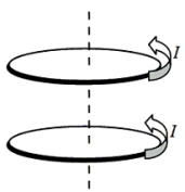 <strong>Two loops carry equal currents I in the same direction.The loops are held in the positions shown in the figure and are then released.Which one of the following statements correctly describes the subsequent behavior of the loops? </strong> A)Both loops move to the left. B)The loops remain in the positions shown. C)The top loop moves to the right; the bottom loop moves to the right. D)The loops repel each other. E)The loops attract each other.