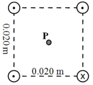 <strong>Four long, straight wires are parallel to each other; and their cross-section forms a square.Each side of the square is 0.020 m as shown in the figure.If each wire carries a current of 8.0 A in the direction shown in the figure, determine the magnitude of the total magnetic field at P, the center of the square. </strong> A)5.1 × 10<sup>-</sup><sup>5</sup> T B)1.1 × 10<sup>-</sup><sup>4</sup> T C)1.7 × 10<sup>-</sup><sup>4</sup> T D)2.3 × 10<sup>-</sup><sup>4</sup> T E)zero tesla