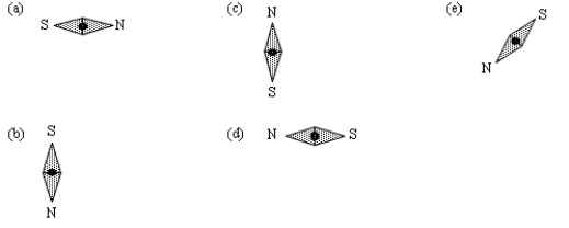 <strong>Two loops carry equal currents I in the same direction.They are held in the positions shown in the figure and project above and below the plane of the paper.The point P lies exactly halfway between them on the line that joins their centers.The centers of the loops and the point P lie in the plane of the paper.Which one of the figures below shows the position of a compass needle if the compass were placed in the plane of the paper at P? </strong> A)a B)b C)c D)d E)e