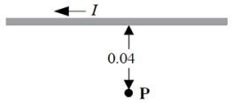 <strong>21-3 A long, straight wire is carrying a current of 5.0 A in the direction shown in the figure.The point P is 0.040 m from the wire. What is the direction of the magnetic field at point P due to the current in the wire?</strong> A)to the right of page B)to the left of the page C)toward the bottom of the page D)into the plane of the page E)out of the plane of the page