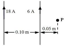<strong>21-6 Two long, straight wires separated by 0.10 m carry currents of 18 A and 6 A in the same direction as shown. What is the direction of the magnetic field at the point P?</strong> A)to the left of the page B)to the right of the page C)toward the bottom of the page D)out of the plane of the page E)into the plane of the page