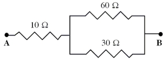  <strong> Three resistors are placed in a circuit as shown.The potential difference between points A and B is 30 V.    -What is the potential drop across the 30- \Omega resistor?</strong> A)10 V B)20 V C)30 V D)60 V E)100 V <div style=padding-top: 35px>  