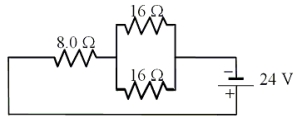  <strong>Three resistors are connected in a circuit as shown.Using Kirchhoff's rules, determine the current in one of the 16- \Omega  resistors.  </strong> A)0.50 A B)0.75 A C)1.0 A D)1.3 A E)2.0 A <div style=padding-top: 35px>  