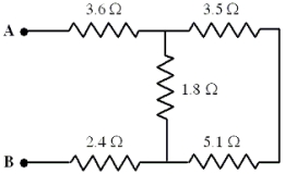 Five resistors are connected as shown in the diagram.The potential difference between points A and B is 25 V. -What is the current through the 3.6- \Omega resistor?