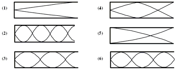 <strong>17-6 The figures show standing waves of sound in six organ pipes of the same length.Each pipe has one end open and the other end closed.Note: some of the figures show situations that are not possible. Which of the figures do not illustrate possible resonant situations?</strong> A)1 and 4 B)2 and 3 C)4 and 5 D)5 and 6 E)4, 5, and 6