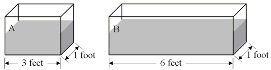 <strong>The figure shows two fish tanks, each having ends of width 1 foot.Tank A is 3 feet long while tank B is 6 feet long.Both tanks are filled with 1 foot of water. Using the notation given above, which one of the following sets of equations below is correct for this situation?</strong> A)S<sub>A</sub> = S<sub>B</sub> and B<sub>A</sub> = B<sub>B</sub> B)S<sub>A</sub> = 2S<sub>B</sub> and B<sub>A</sub> = B<sub>B</sub> C)2S<sub>A </sub>= S<sub>B</sub> and 2B<sub>A</sub> = B<sub>B</sub> D)S<sub>A</sub> = S<sub>B</sub> and 2B<sub>A</sub> = B<sub>B</sub> E)S<sub>A</sub> = 2S<sub>B</sub> and B<sub>A</sub> = 2B<sub>B</sub>
